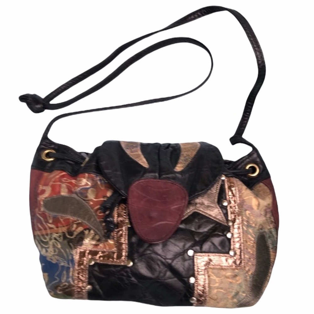 Vintage Black Multicolored Patchwork Leather Crossbody Shoulder Bag Studs Artsy